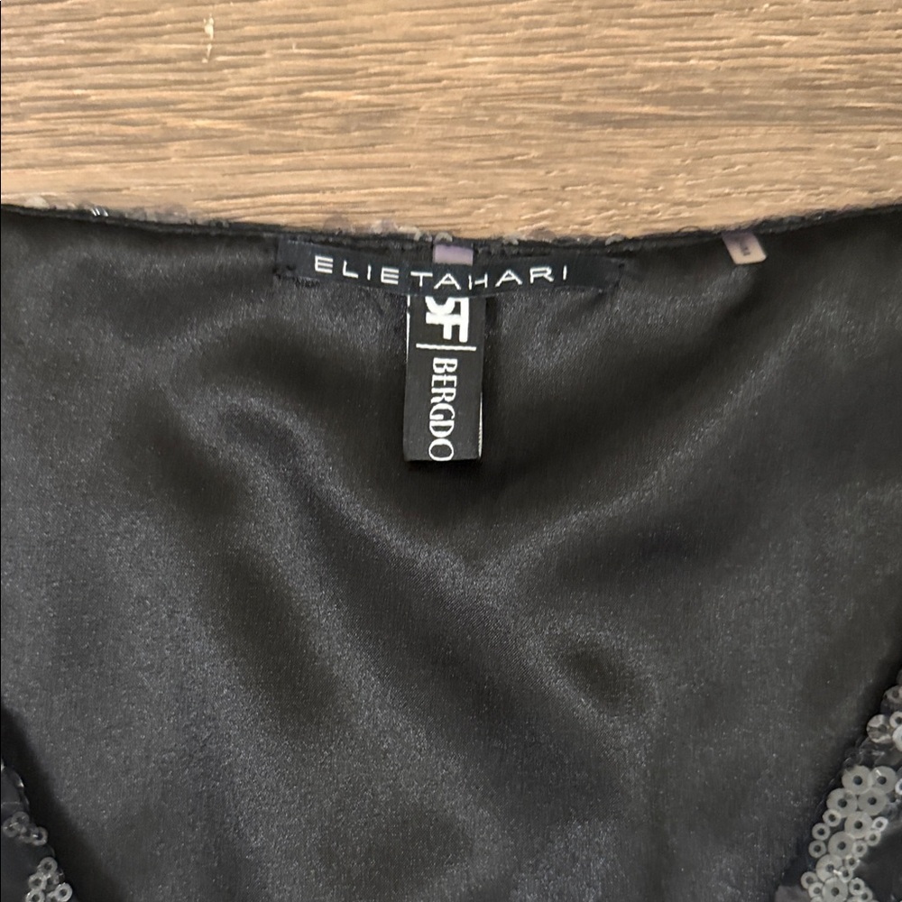 Elie Tahari Black and Silver Sequin Midi Dress with Waist tie - 10 - Picture 7 of 9
